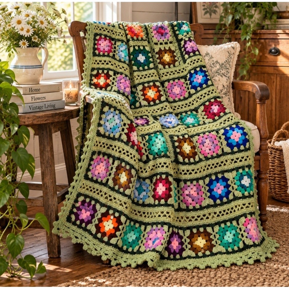 Vintage Handmade Crochet Afghan 74 x 48 Granny Square Sage Avocado Green Blanket